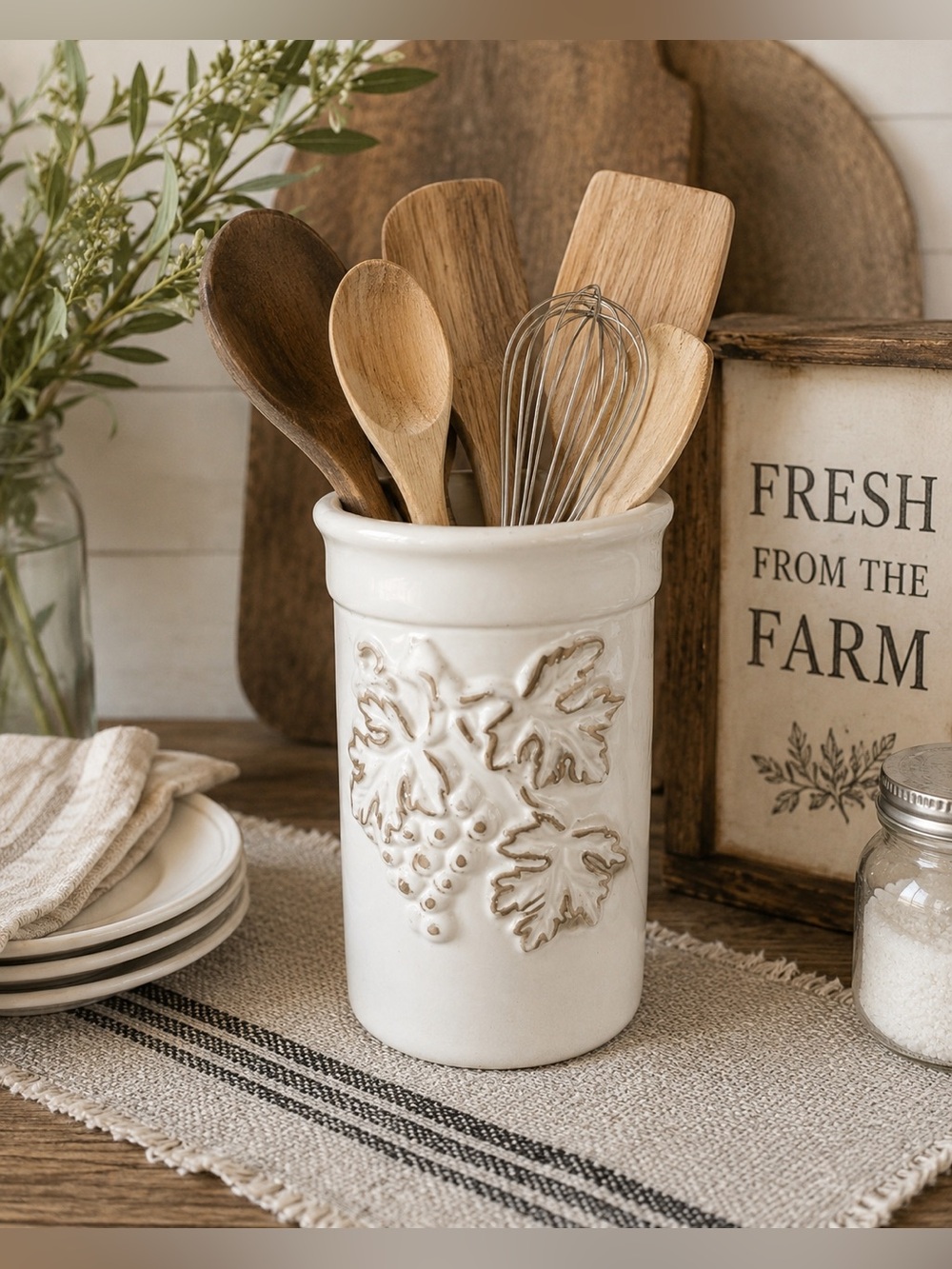 Ceramic Grape Vine Utensil Crock White Farmhouse Kitchen Decor